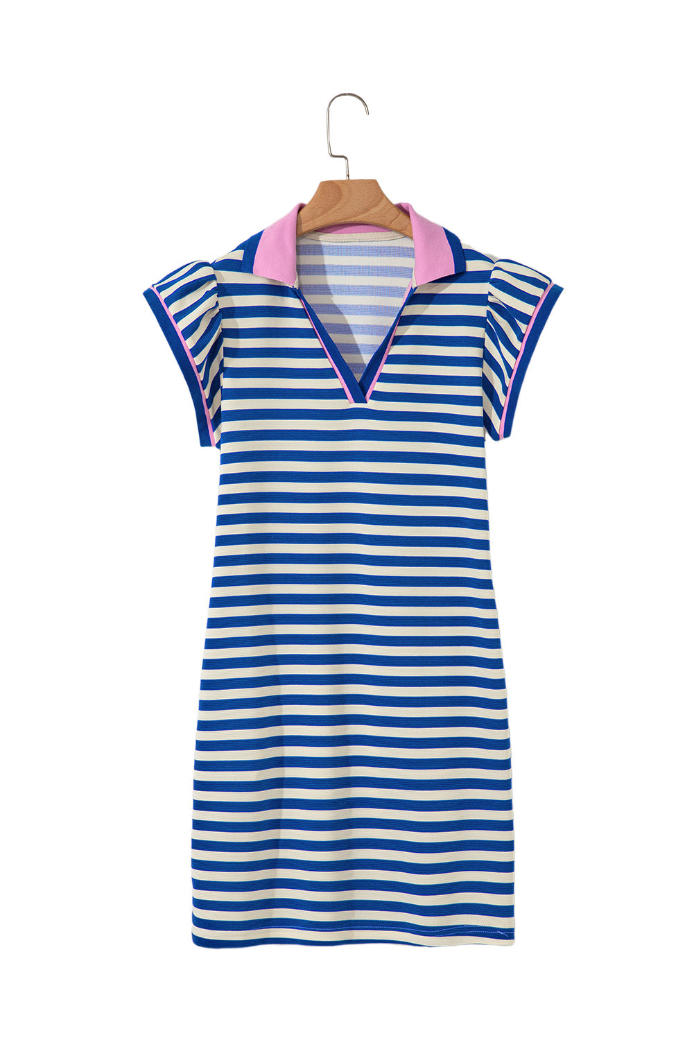 Dark Blue Stripe Print Contrast Collar Split Neck Flutter Sleeve Short Dress
