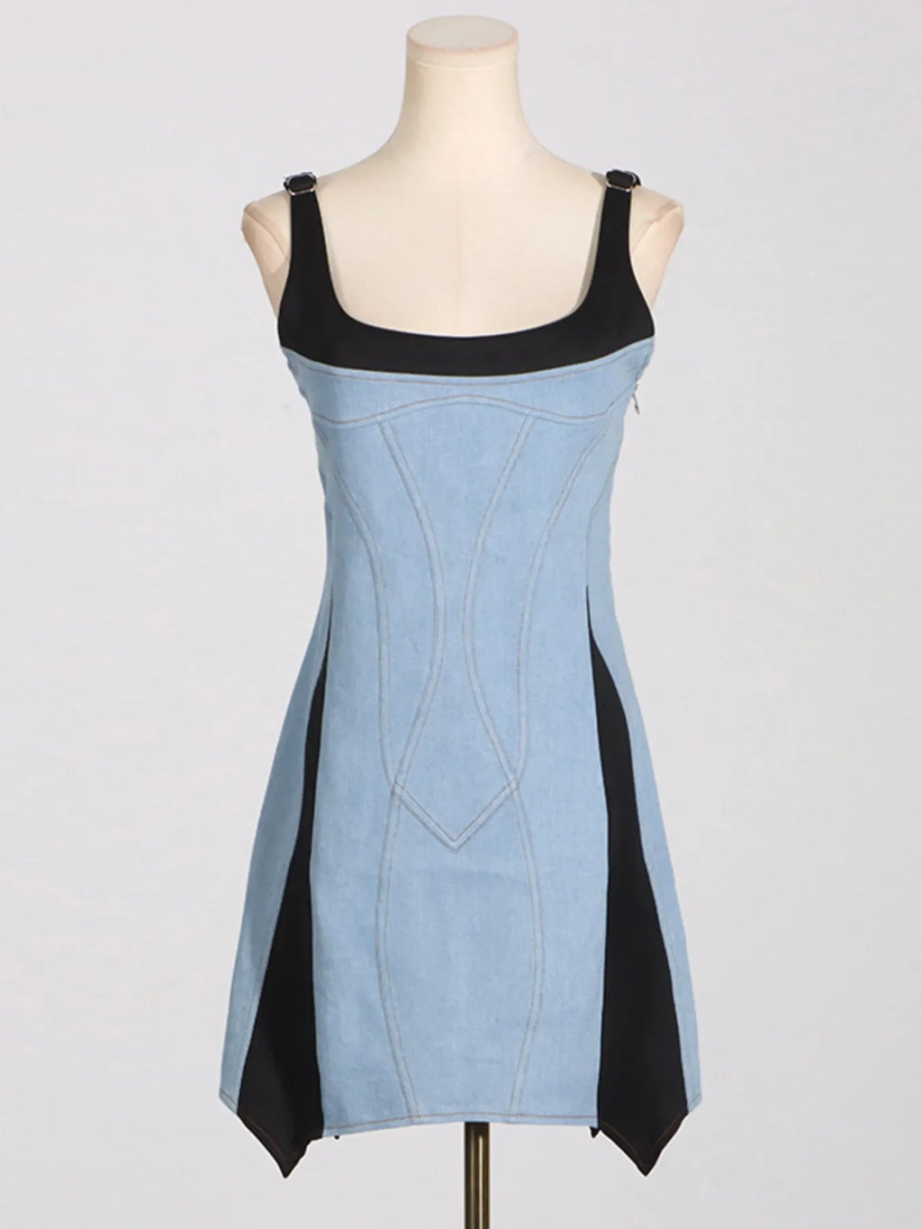 Contrast Adjustable Strap Denim Dress