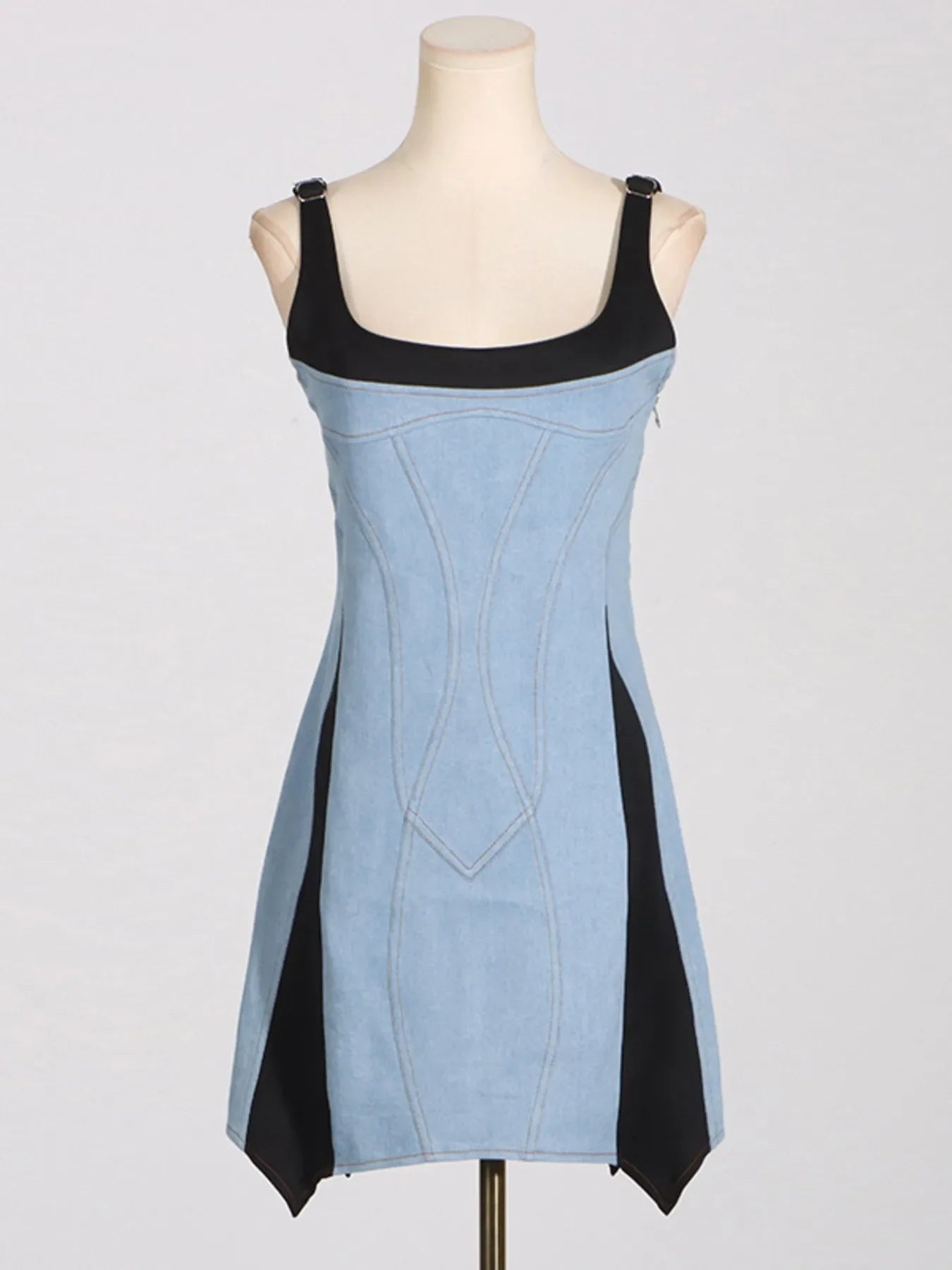 Contrast Adjustable Strap Denim Dress