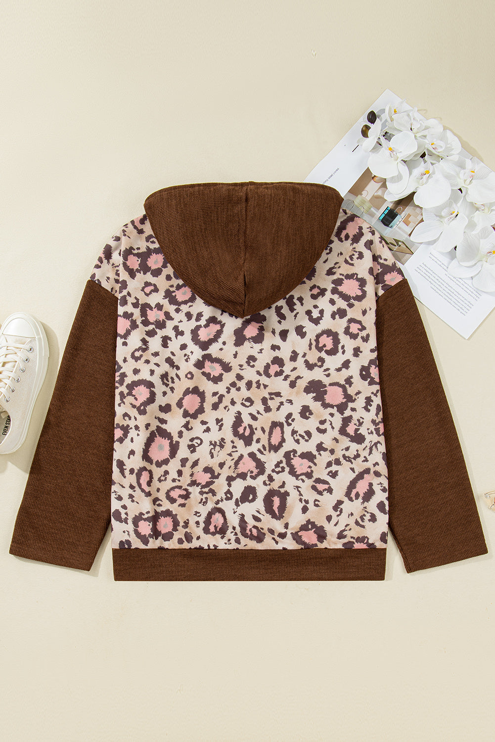 Plus Size Leopard Knit Patchwork Hoodie