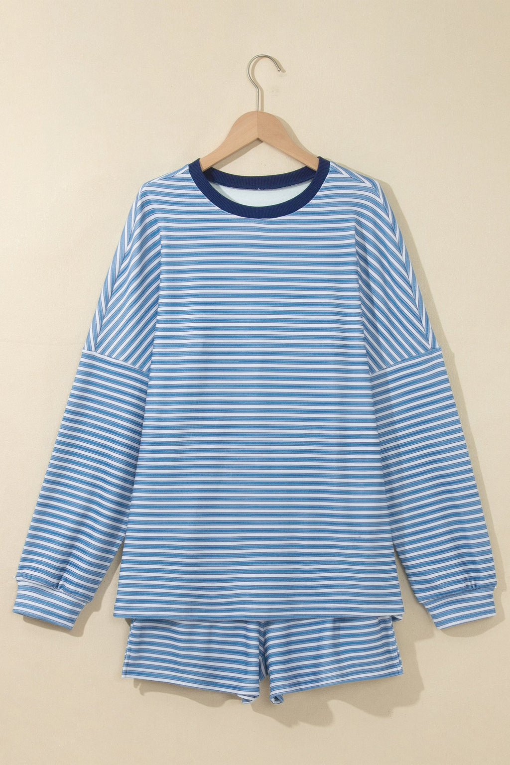 Sky Blue Stripe Long Sleeve Oversized Top Pocketed Casual Shorts Two Piece Set
