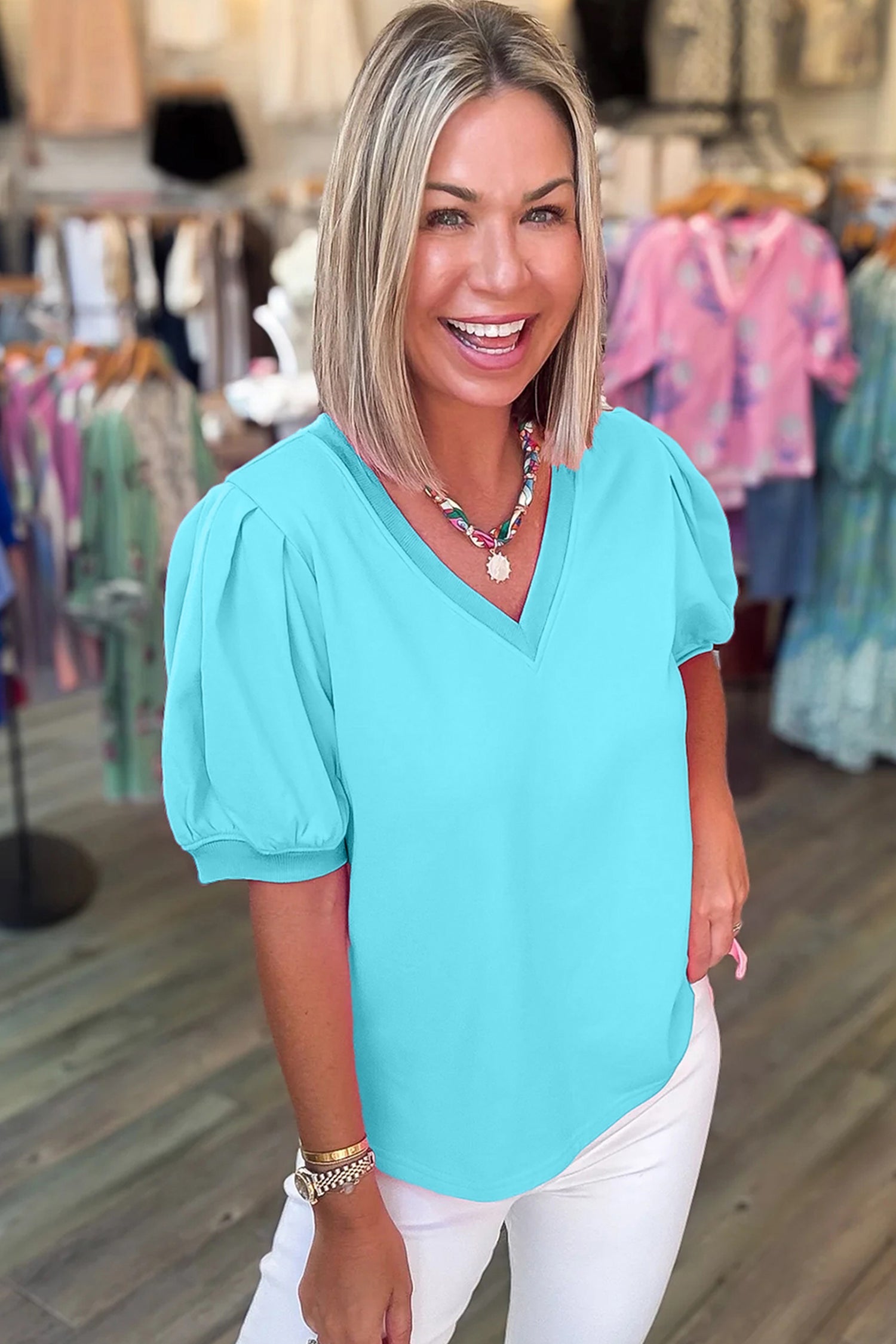 Turquoise Solid Color V Neck Short Puff Sleeve Blouse