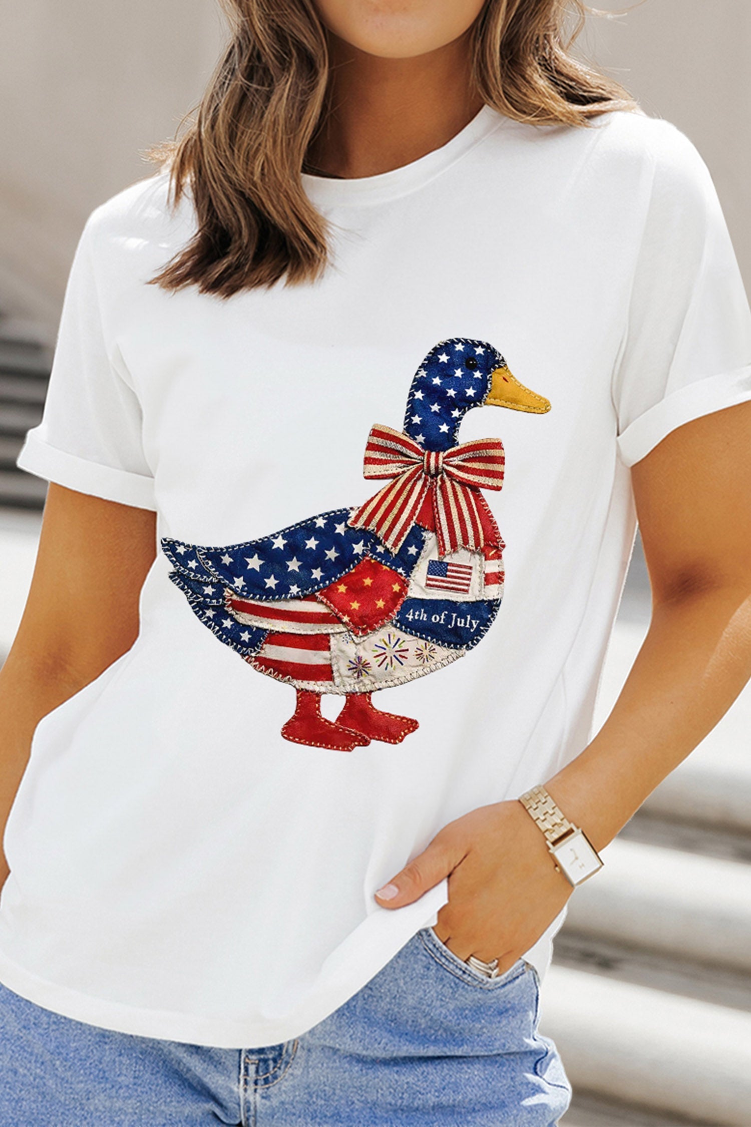 White Patriotic Patchwork Print Duck Graphic Tee