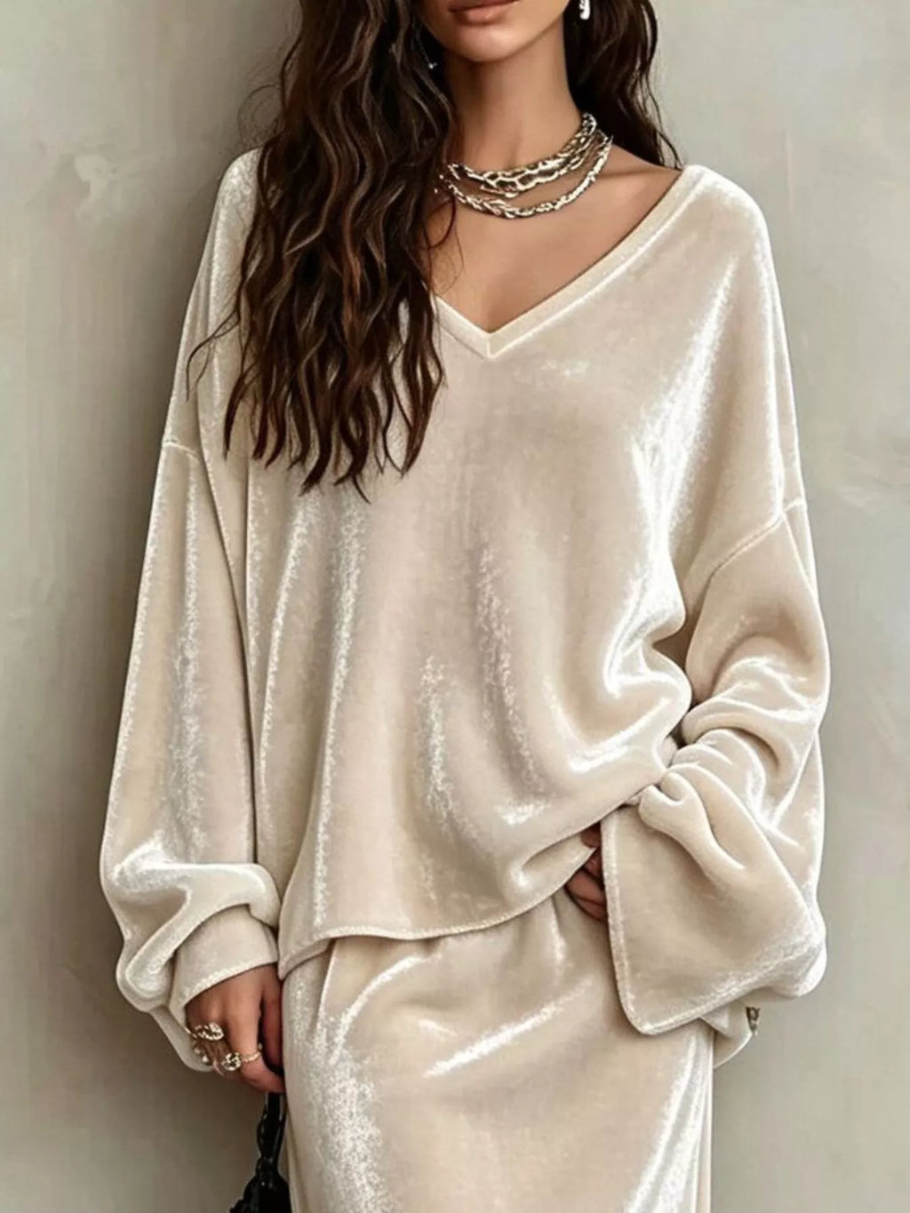 V-Neck Velvet Long Sleeve Top and Maxi Skirt Two-Piece Set