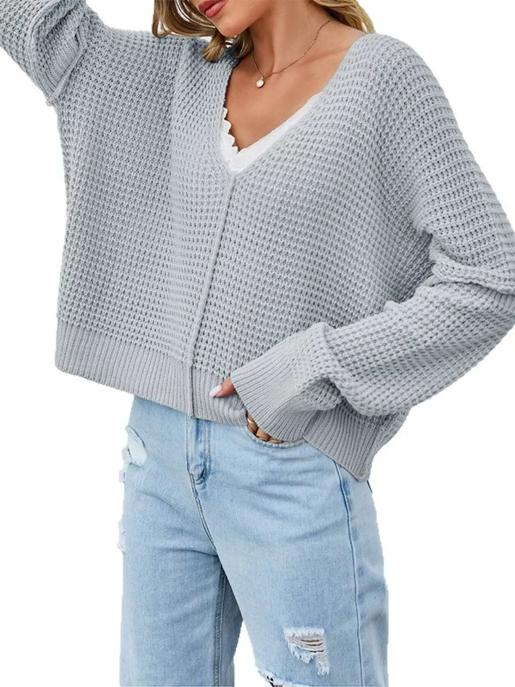 Waffle Knit Dropped Shoulder Sweater