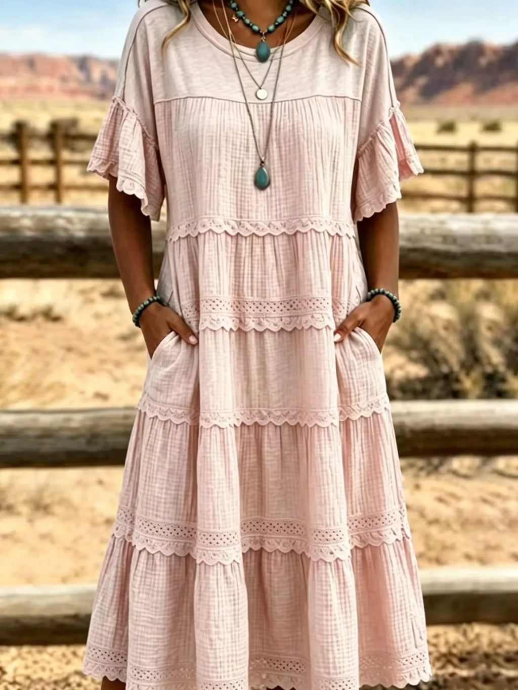 Full Size Tiered Ruffle Sleeve Midi Dress with Pockets Plus Size