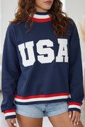 Dirty blue USA Slogan Patch Embroidery Colorblock High Neck Long Sleeve Sweatshirt