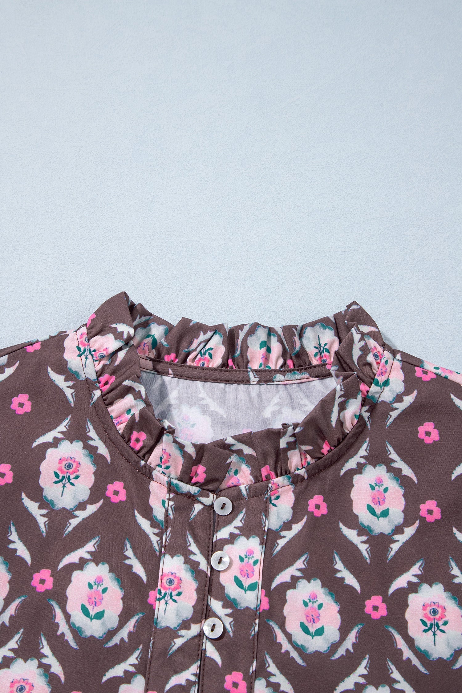 Brown Floral Print Button Front Ruffle Hem Midi Dress