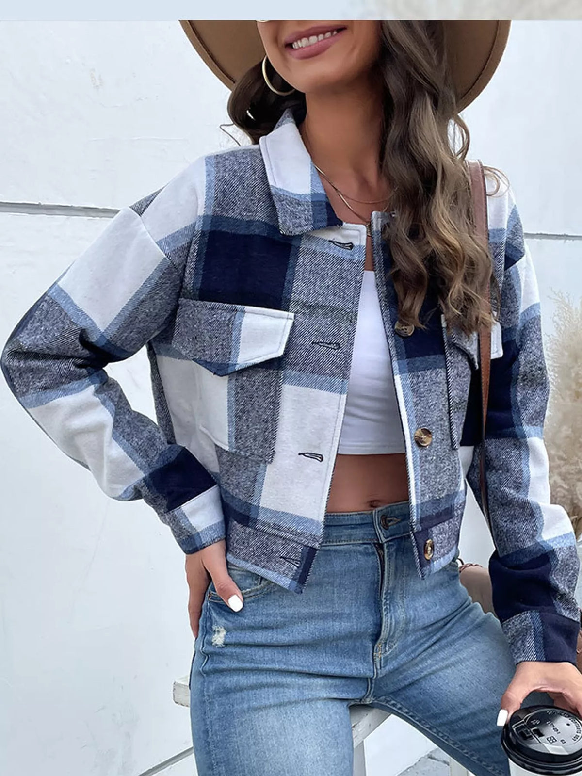 Plaid Button-Front Cropped Jacket