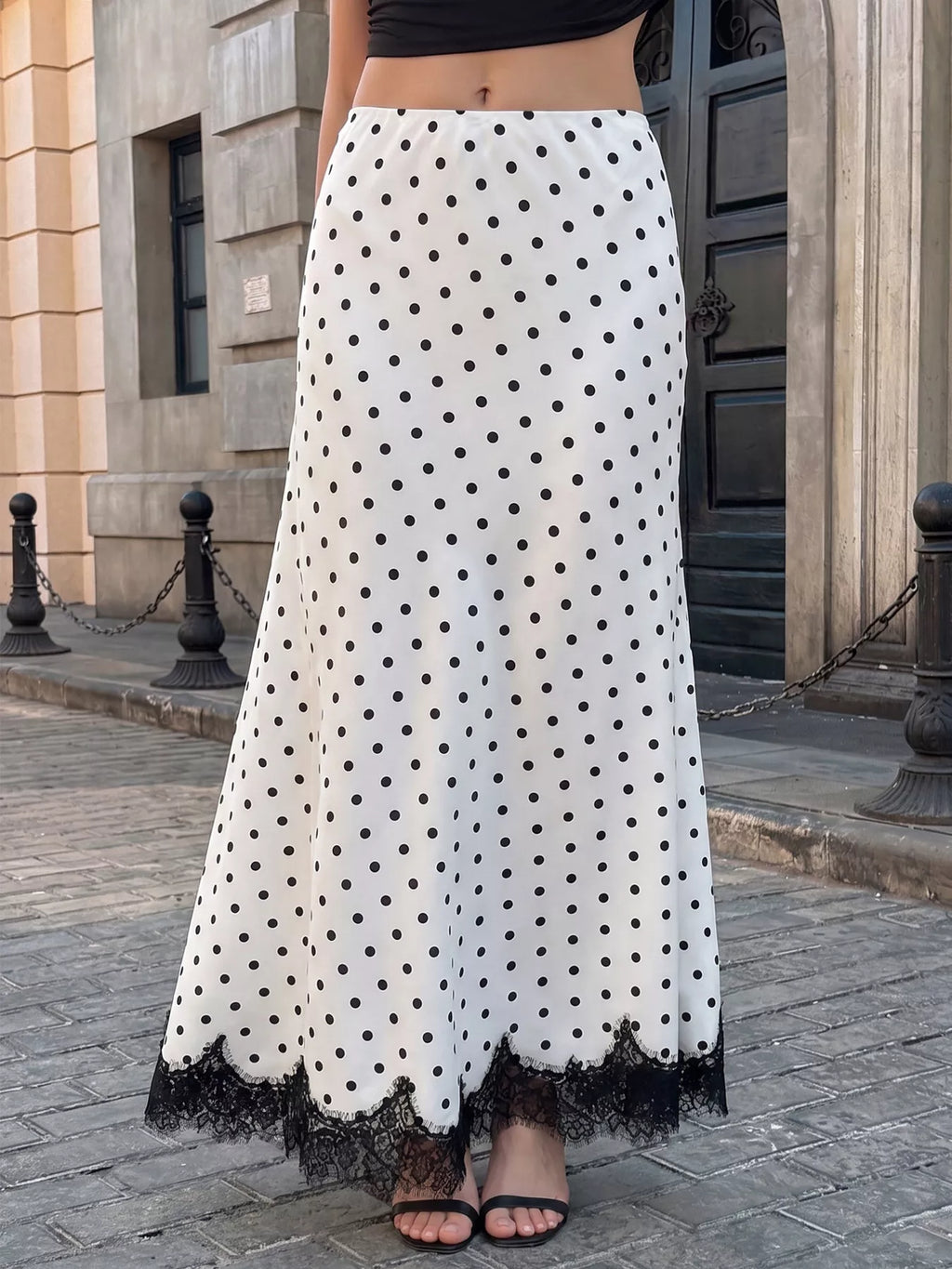 Lace Hem Polka Dot High-Waisted Maxi Skirt