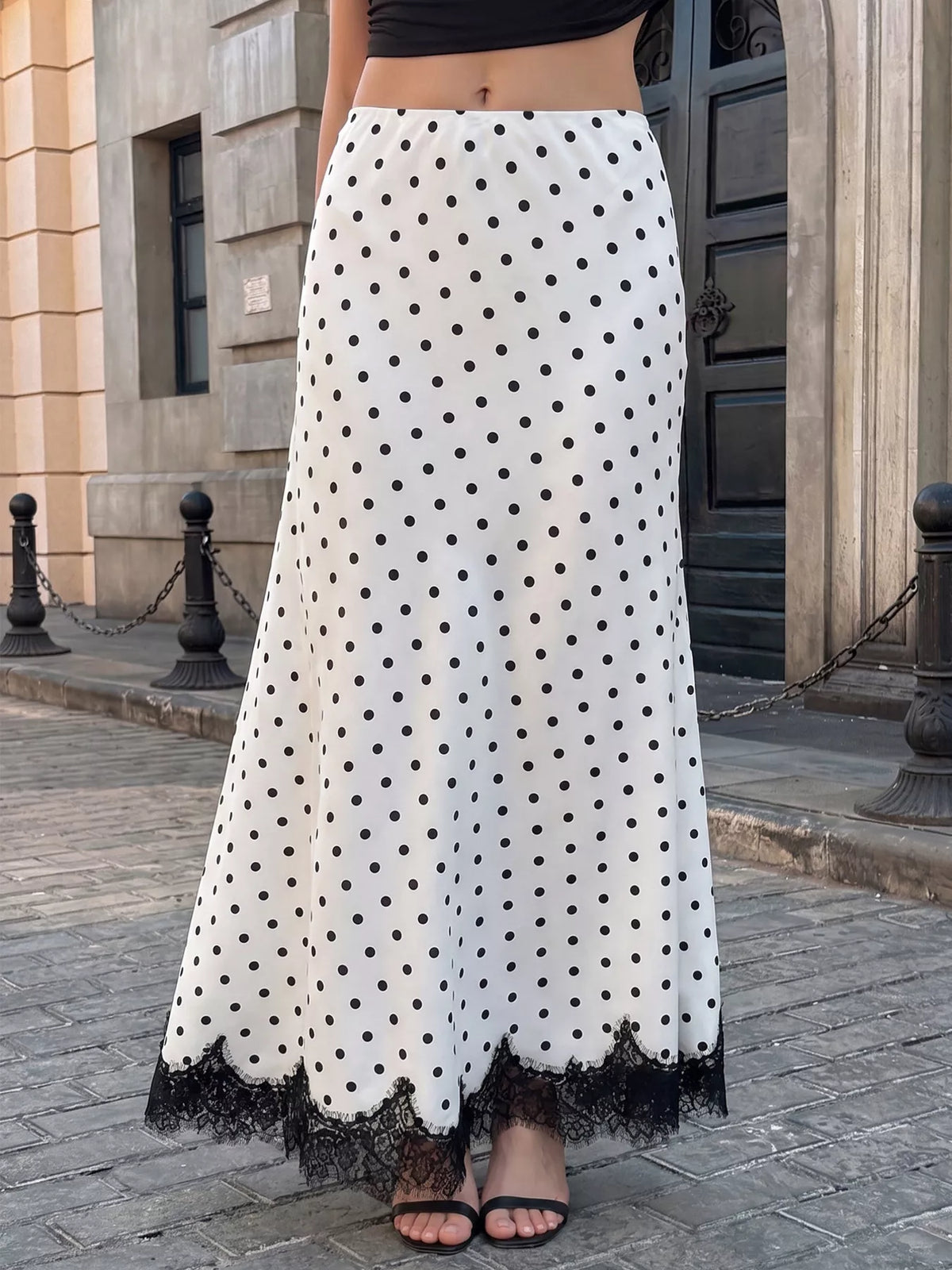 Lace Hem Polka Dot High-Waisted Maxi Skirt