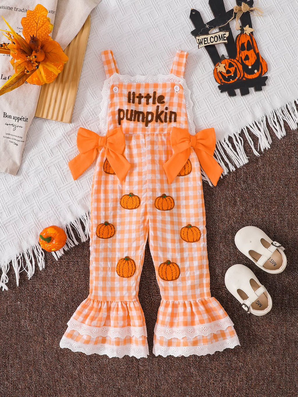 Children's Little Pumpkin Gingham Ruffle Hem Jumpsuit