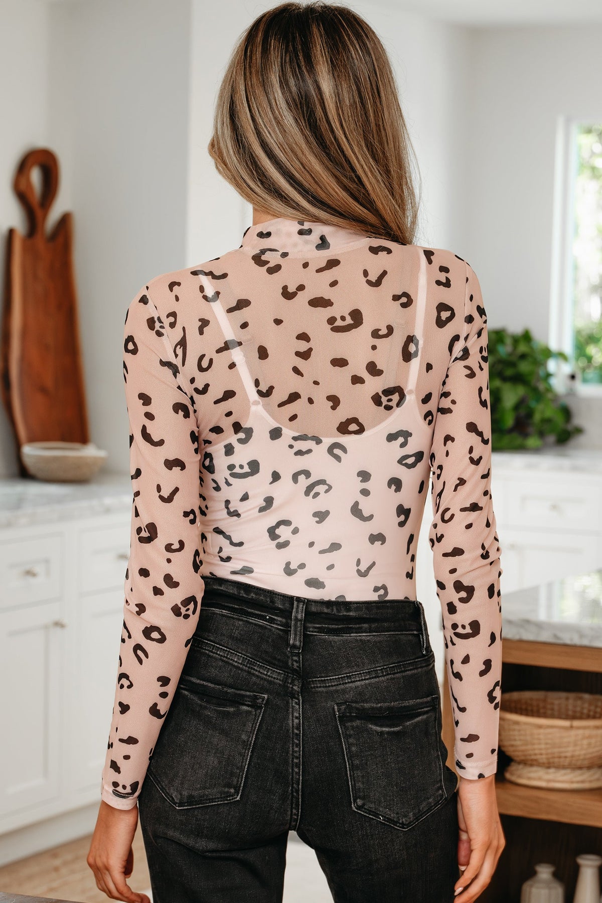 Leopard Mesh Mock Neck Long Sleeve Bodysuit