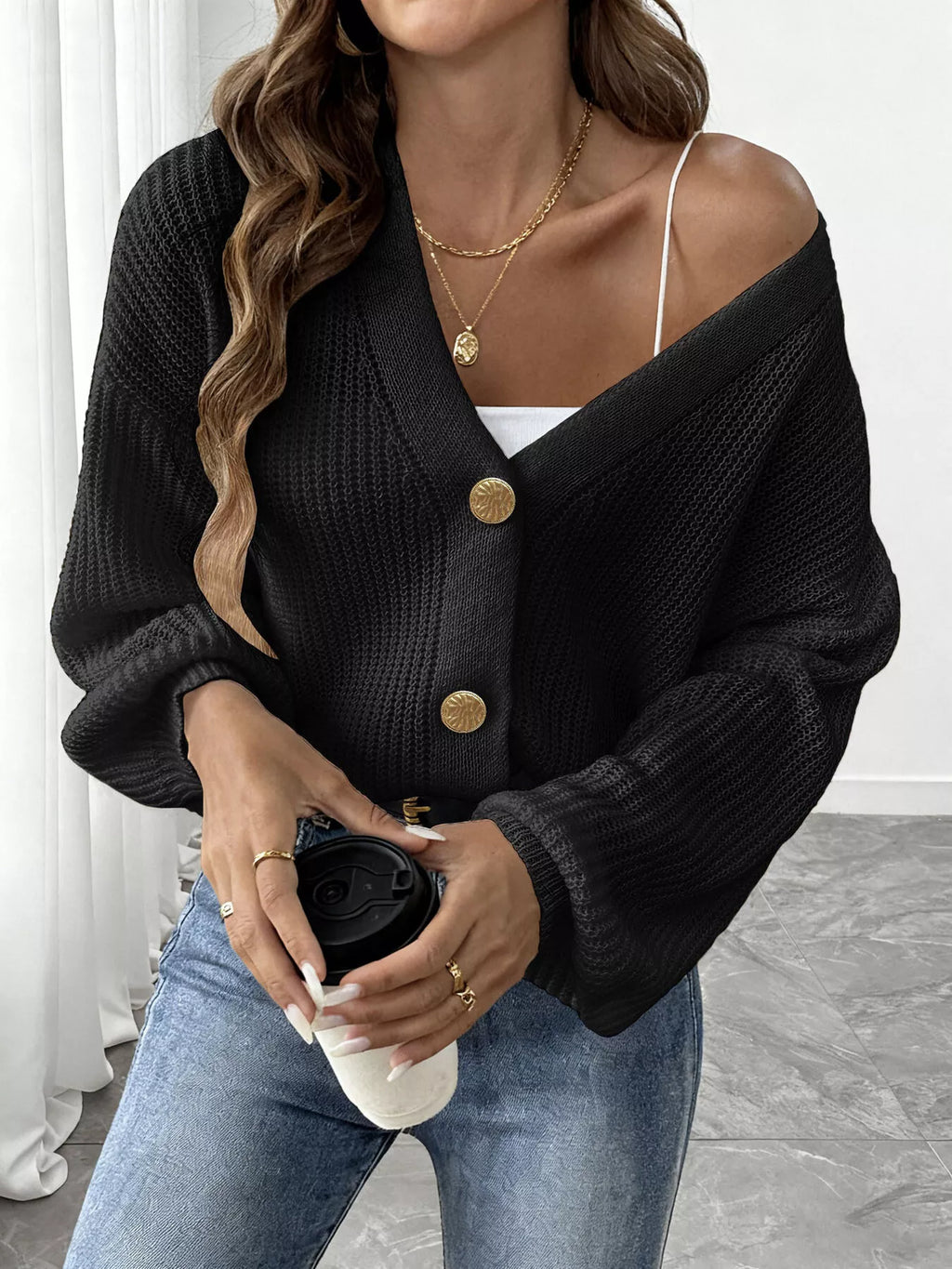 Elegant V-Neck Button-Down Ribbed Knit Cardigan