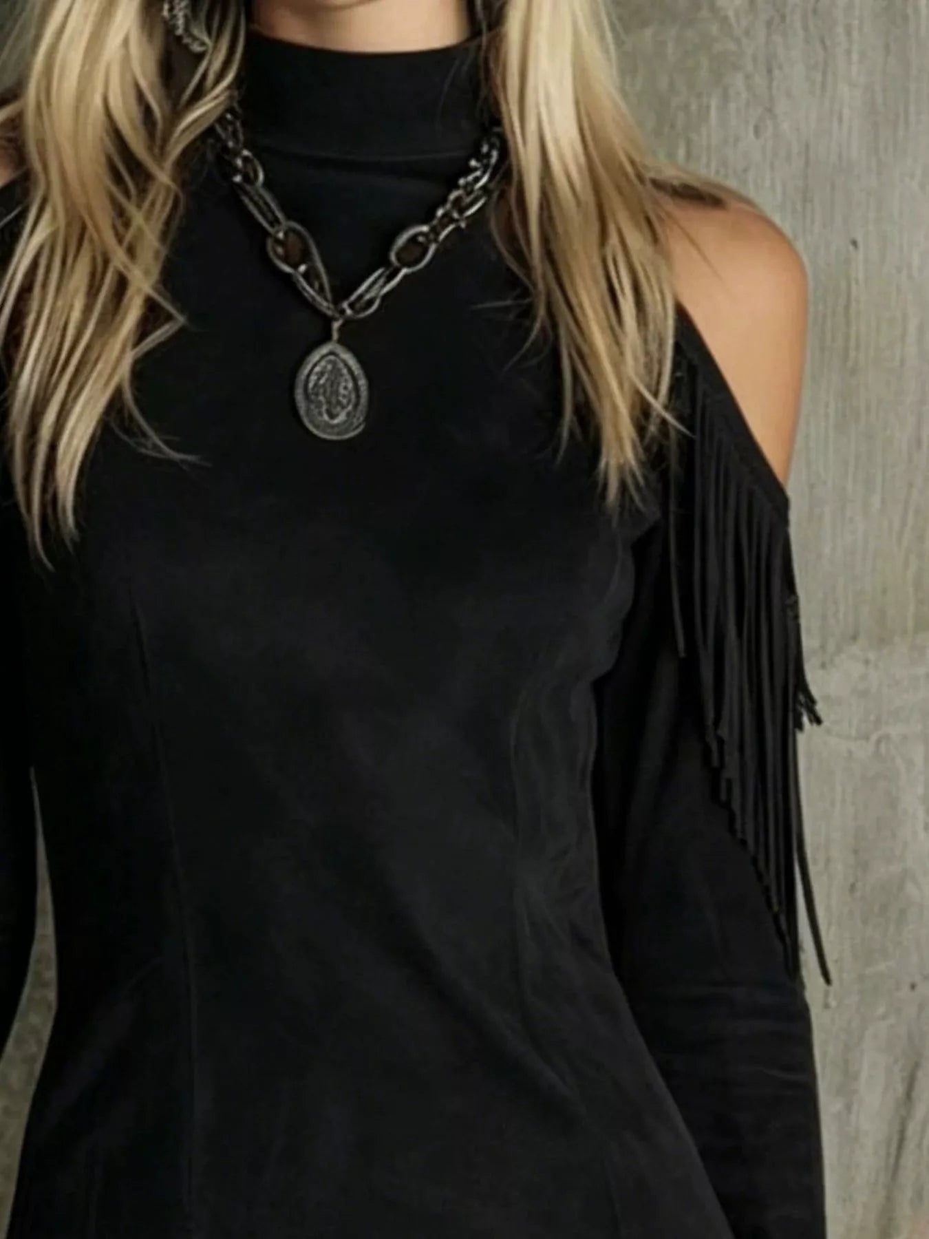 Fringed Cold Shoulder Mini Dress