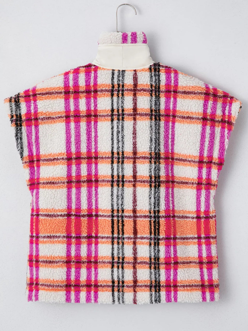 Sherpa Plaid Snap-Front Vest Coat