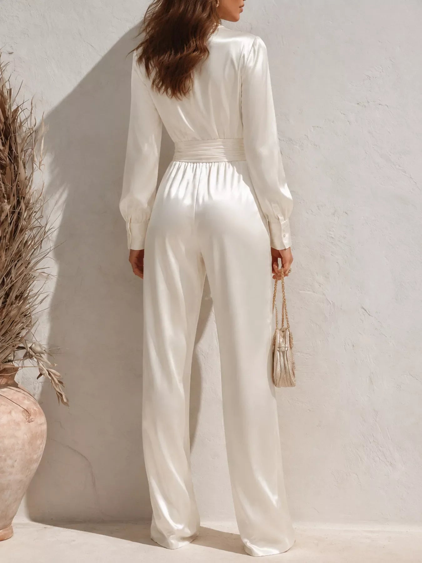 Satin Long Sleeve Wide Leg Jumpsuit