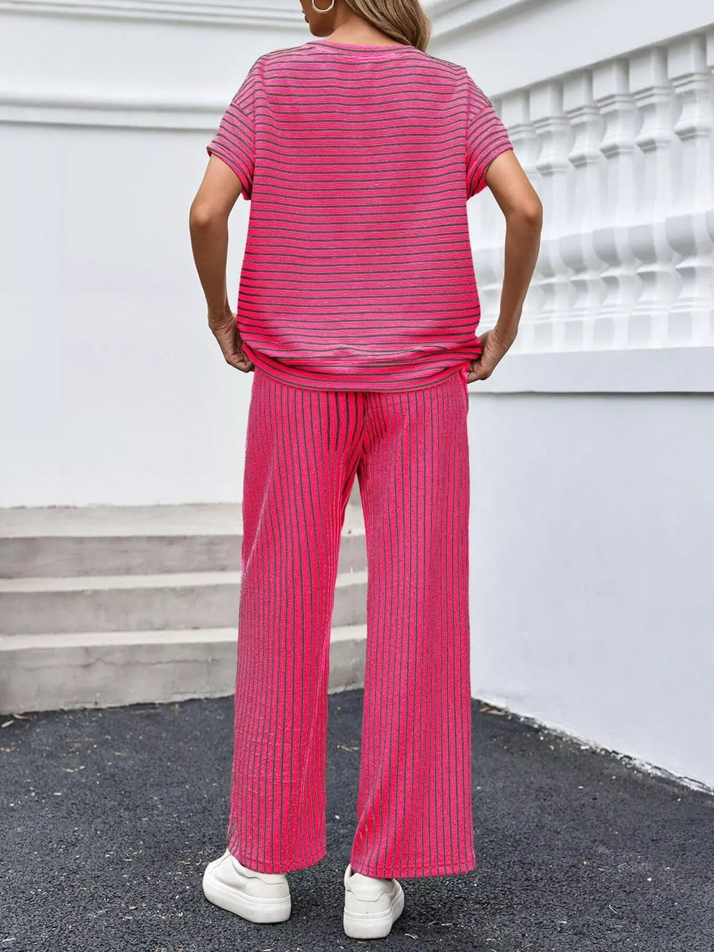 Casual Striped Short Sleeve Top and Wide Leg Pants Two-Piece Set