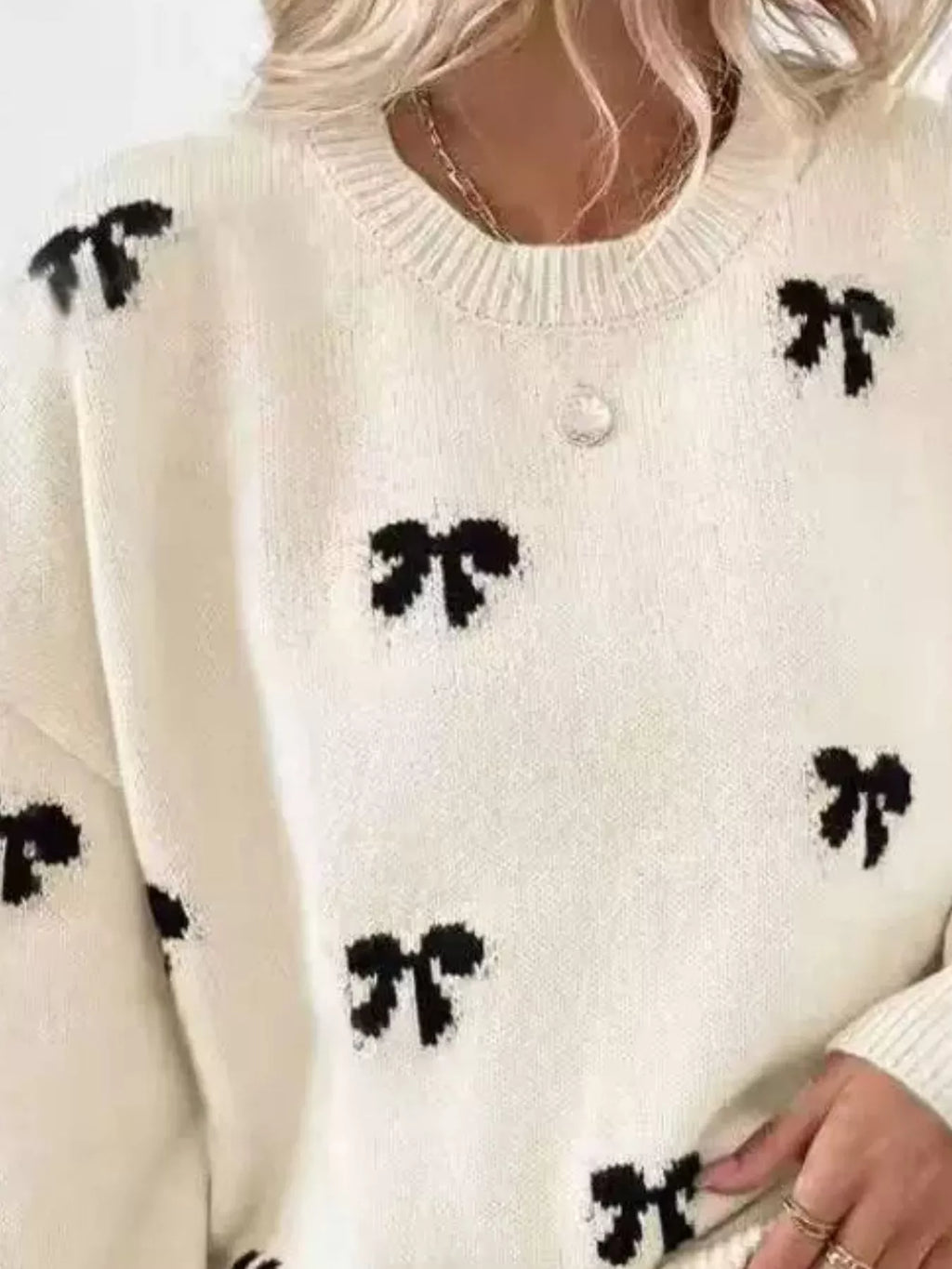 Bow Round Neck Dropped Shoulder Sweater
