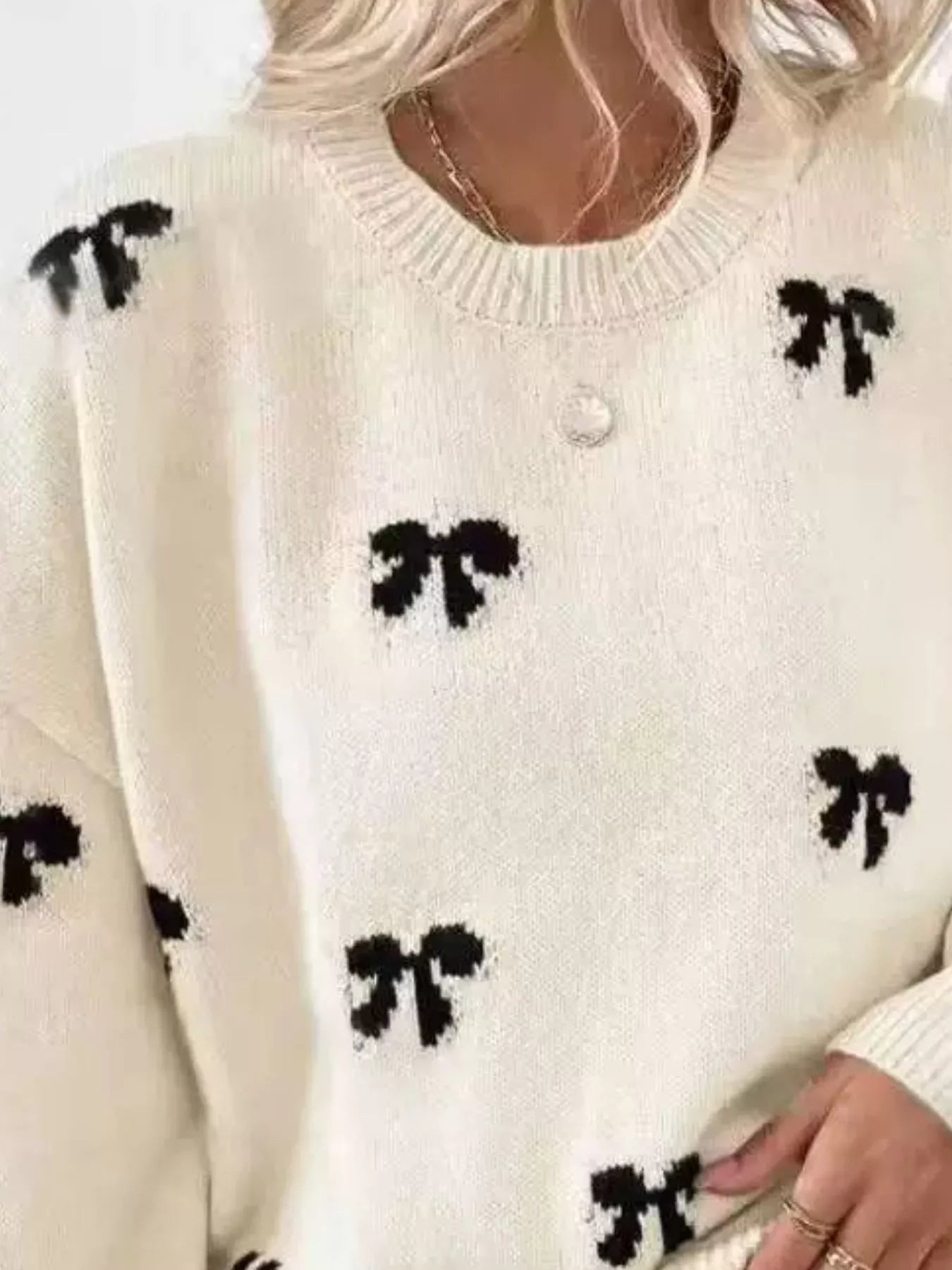 Bow Round Neck Dropped Shoulder Sweater