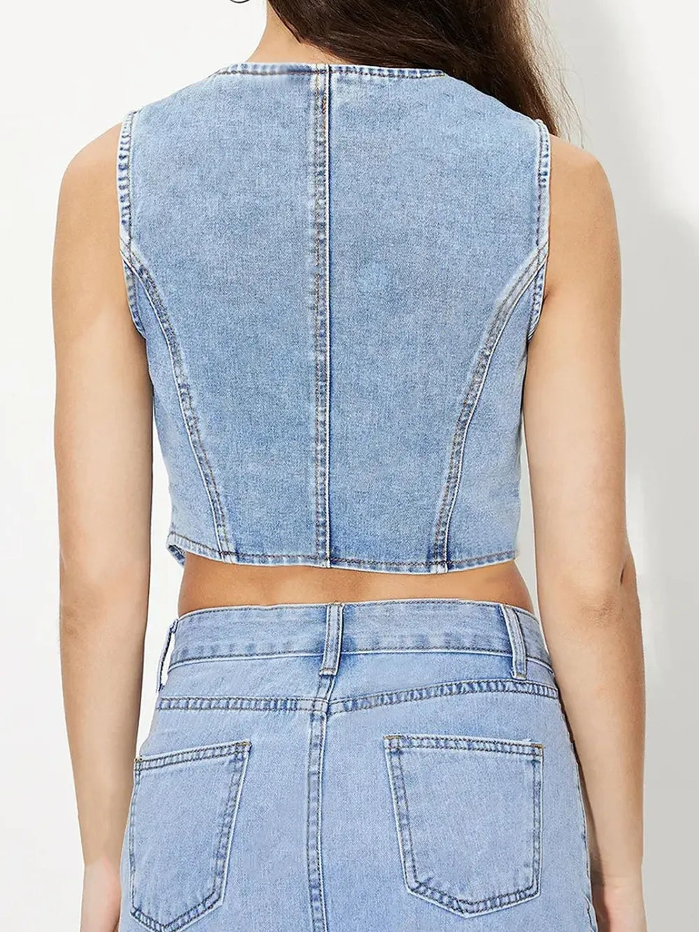 V-Neck Button Up Denim Vest