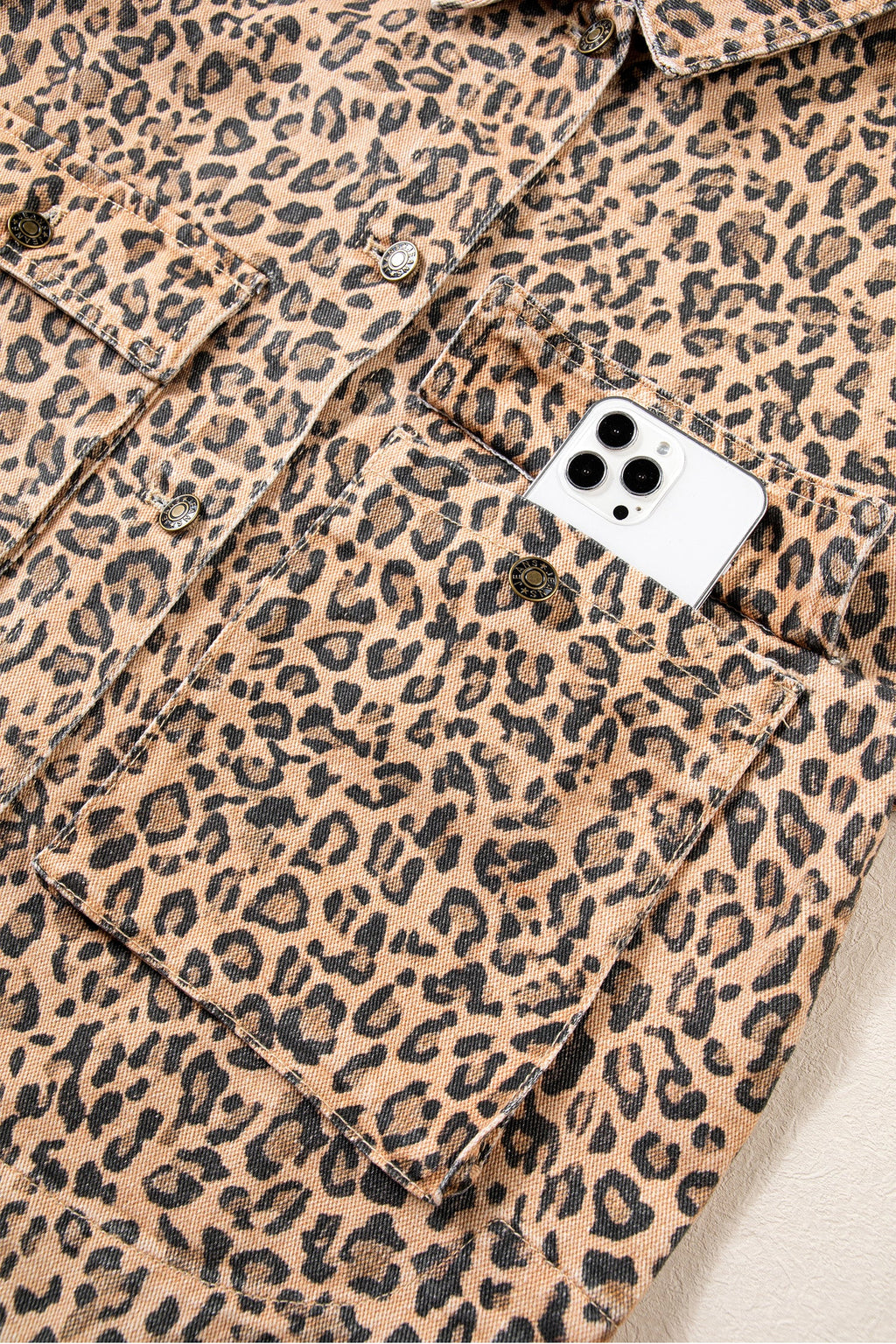 Khaki Leopard Print Collar Long Sleeve Patch Pocket Shift Denim Jacket