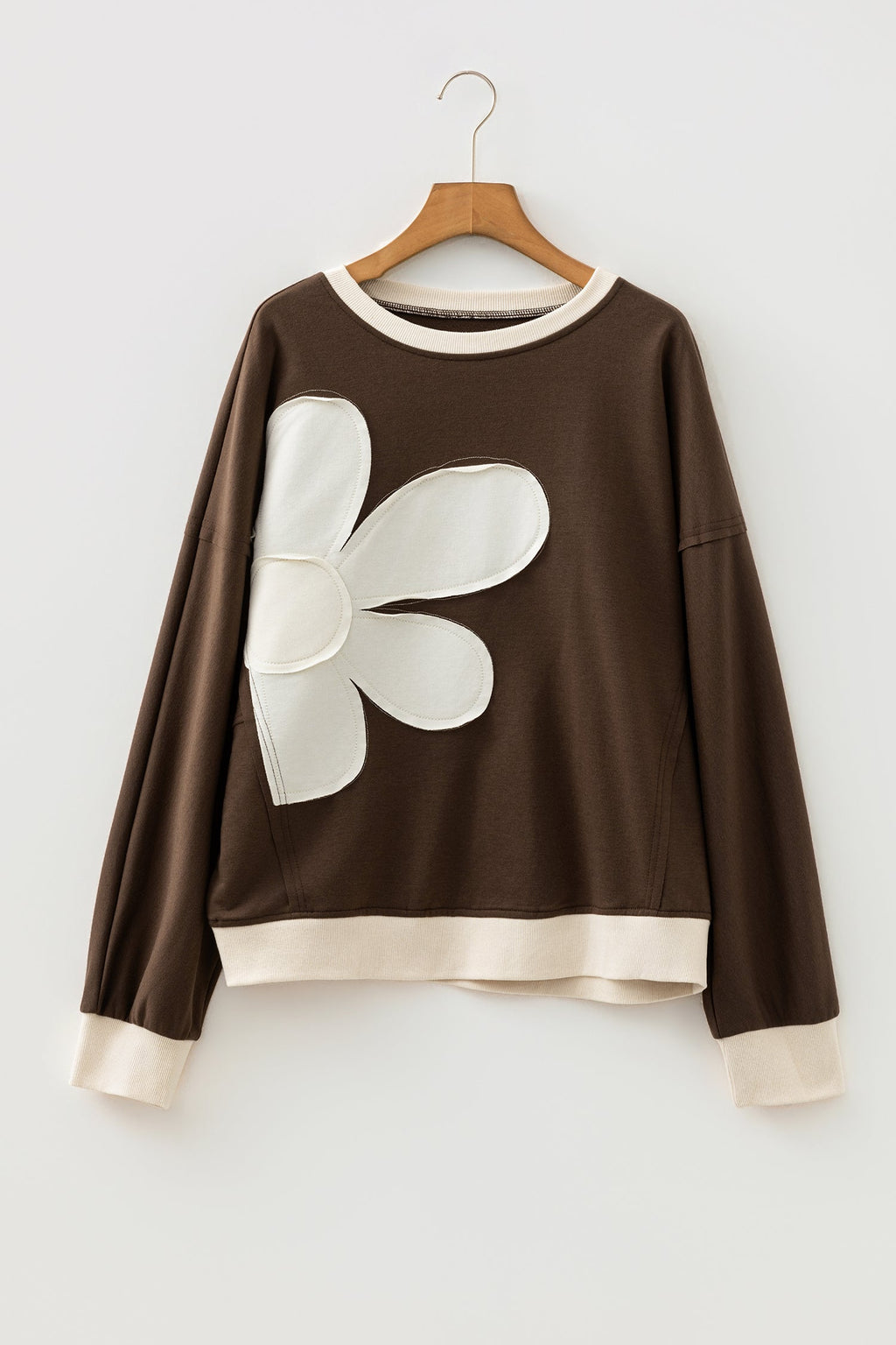Coffee Raw Edge Flower Patch Drop Shoulder Casual Top
