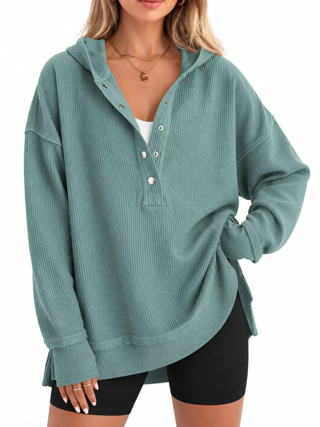 Full Size Snap Button Placket Dropped Shoulder Hoodie Plus Size