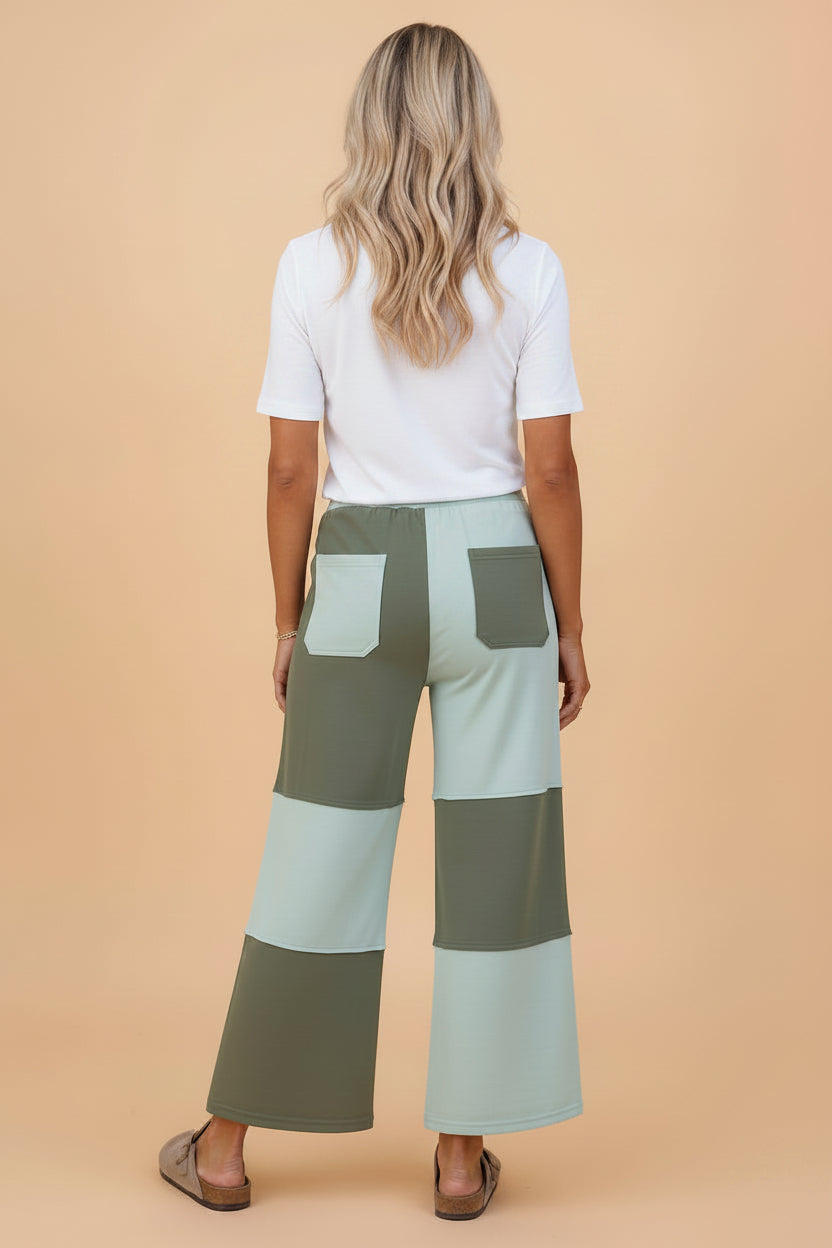 Colorblock Raw Seam Drawstring Wide Leg Pants
