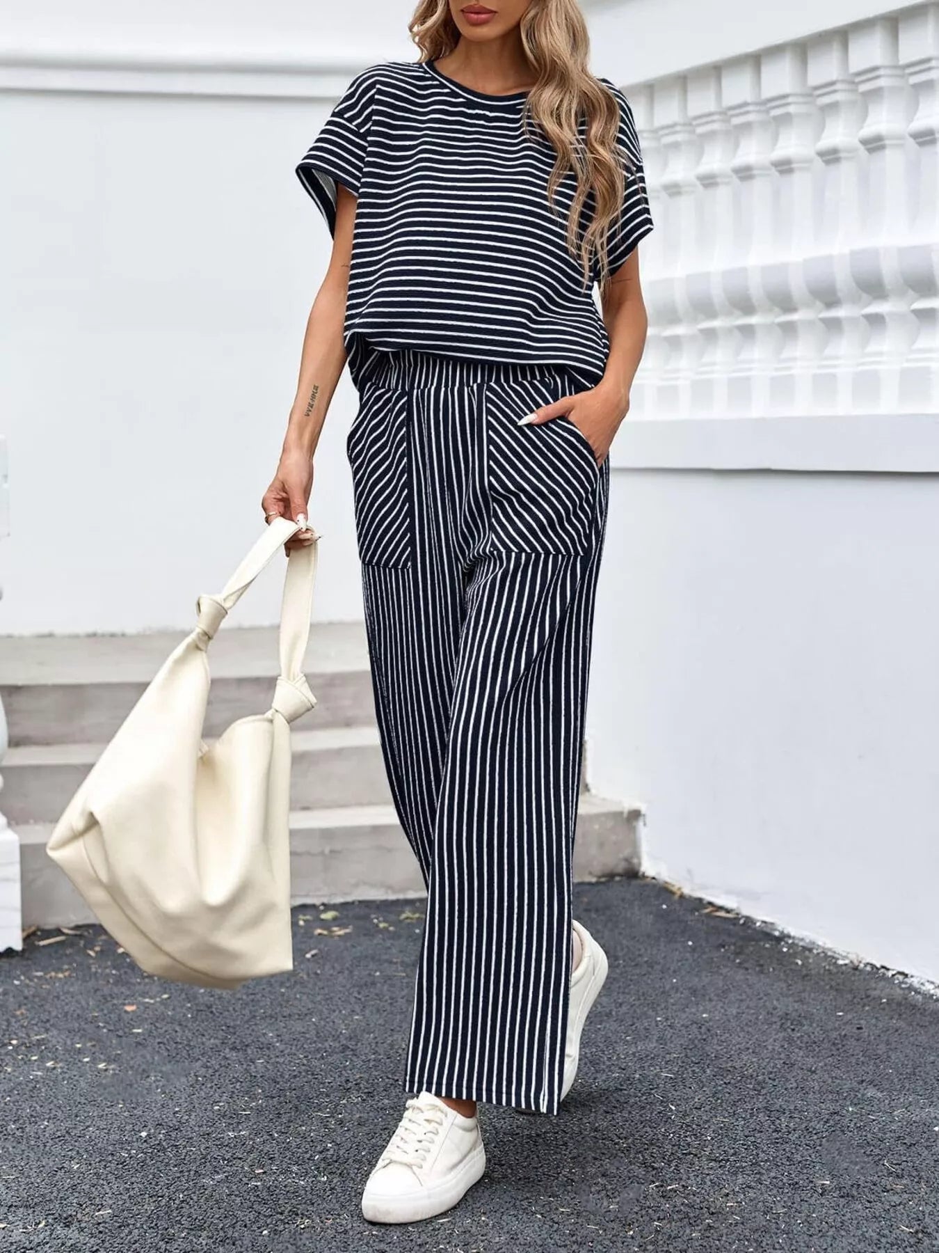 Casual Striped Short Sleeve Top and Wide Leg Pants Two-Piece Set