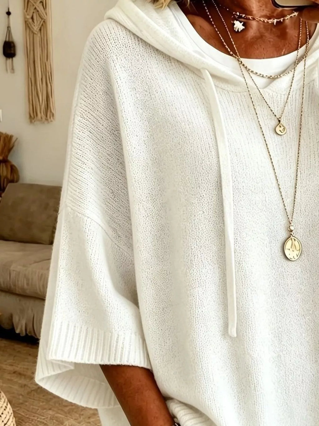 Casual Loose Fit Hooded Knit Sweater with Ribbed Hem