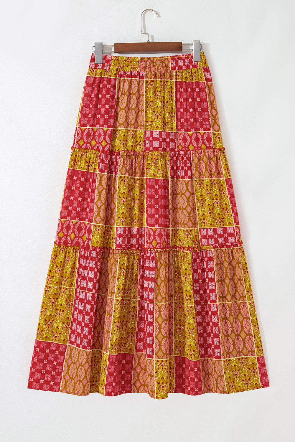 Orange Tiered Paisley Print Pocketed Maxi Skirt