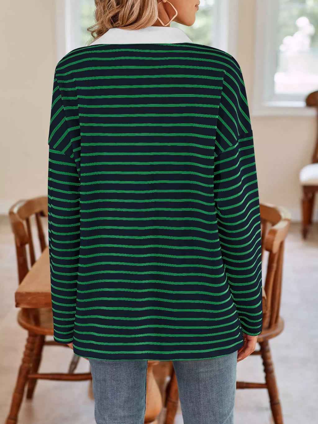 Oversized Striped Johnny Collar T-Shirt