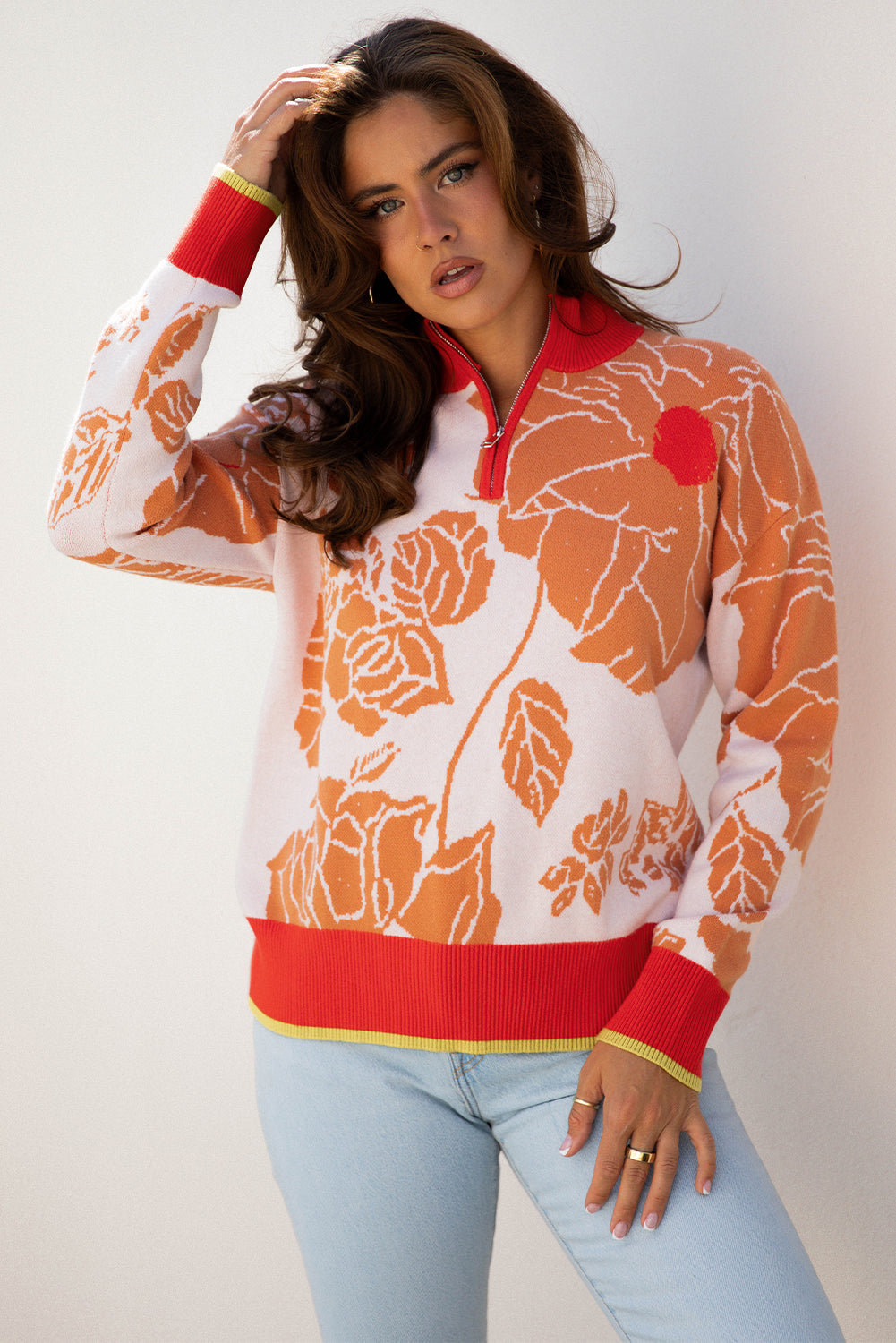 Floral Half Zip Collared Pullover Sweater
