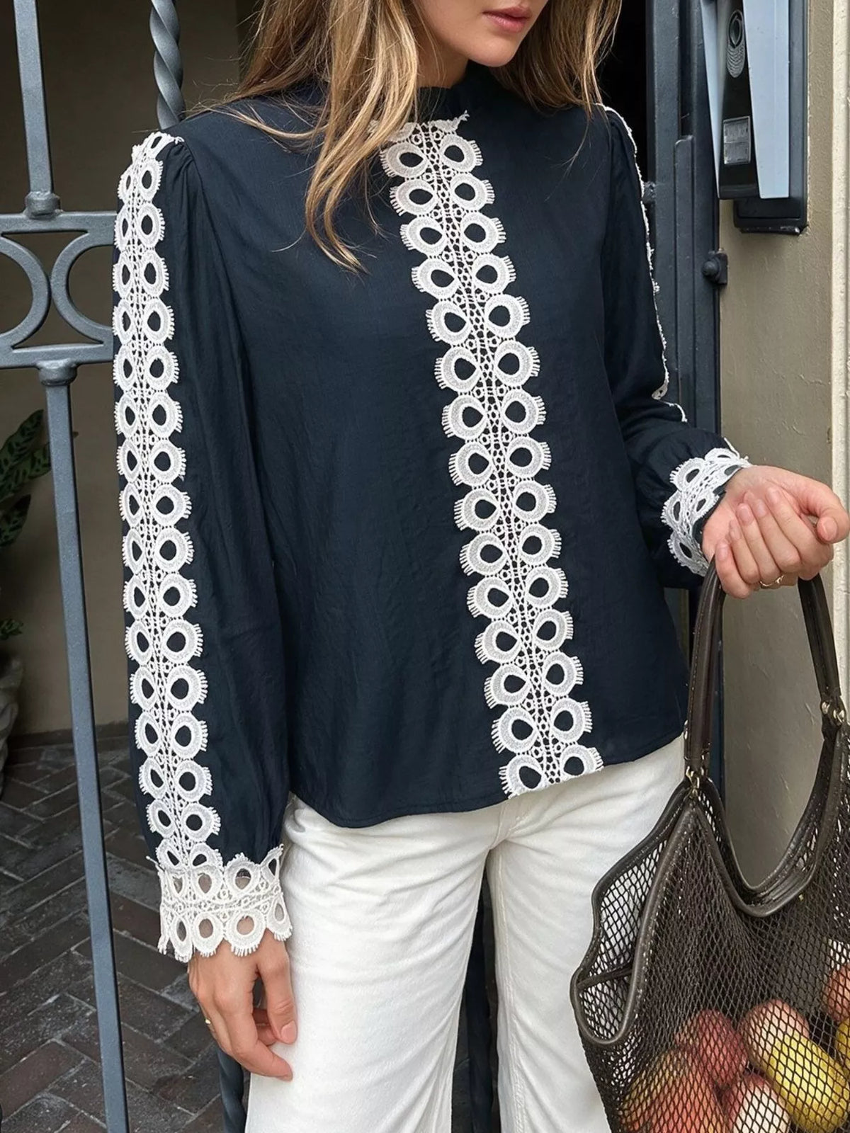 Lace Trim Long Sleeves Blouse
