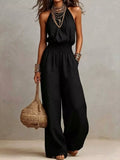 Smocked Halter Neck Wide-Leg Jumpsuit