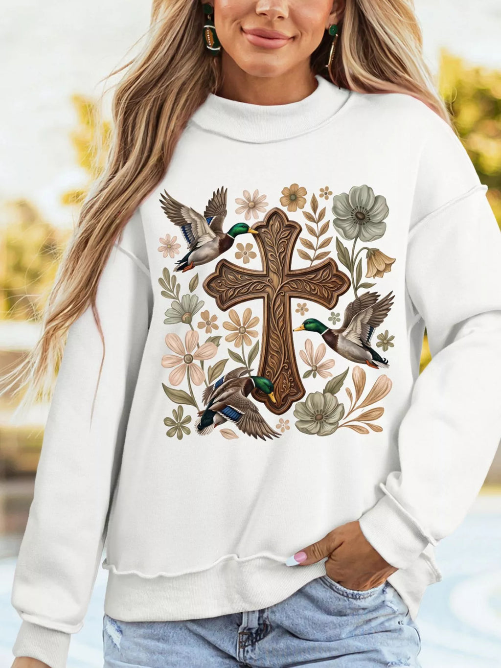 Floral Cross Printed Mock Neck Pullover Sweatshirt