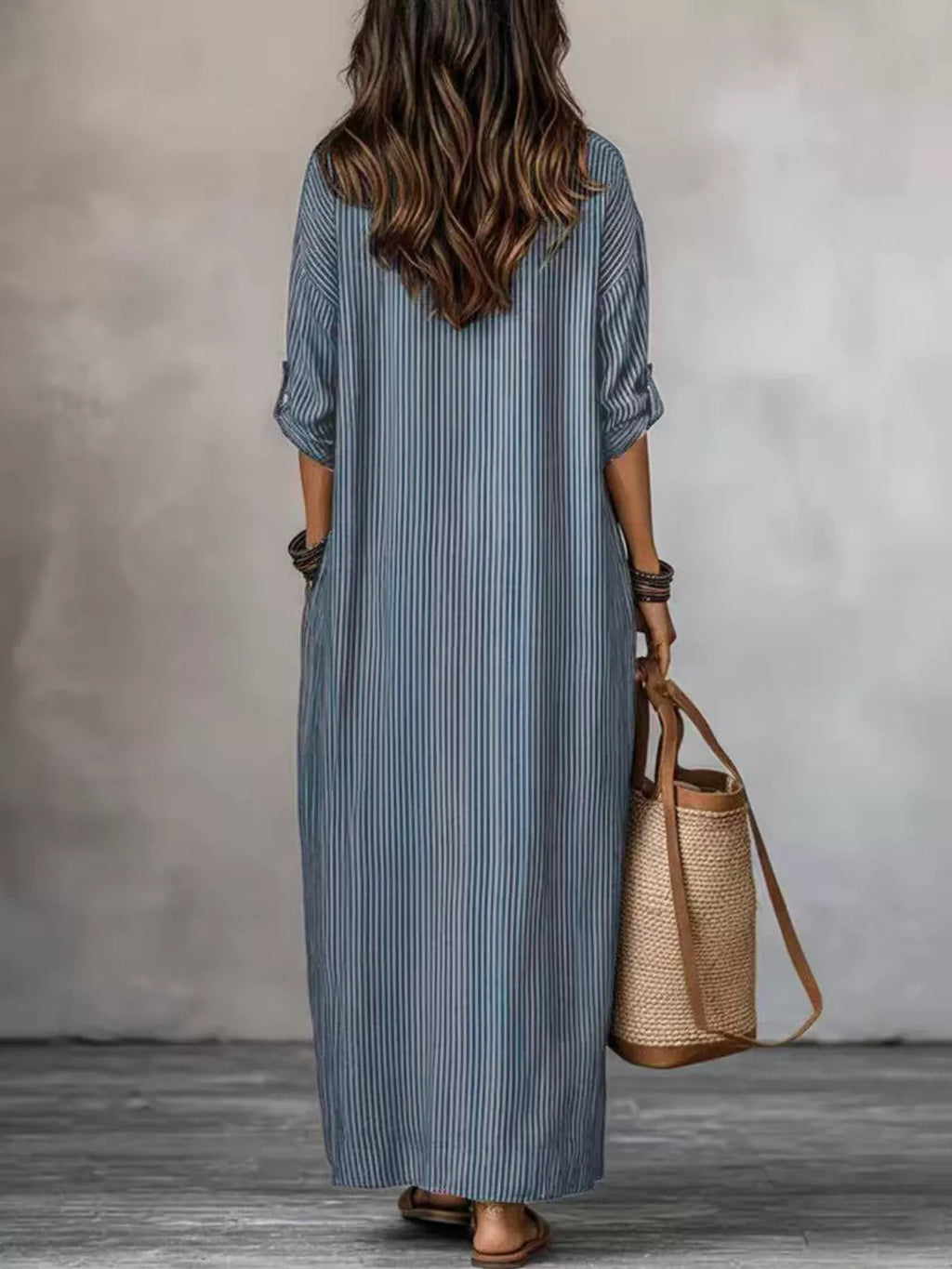 Full Size Striped Notched Maxi Dress with Pockets Plus Size