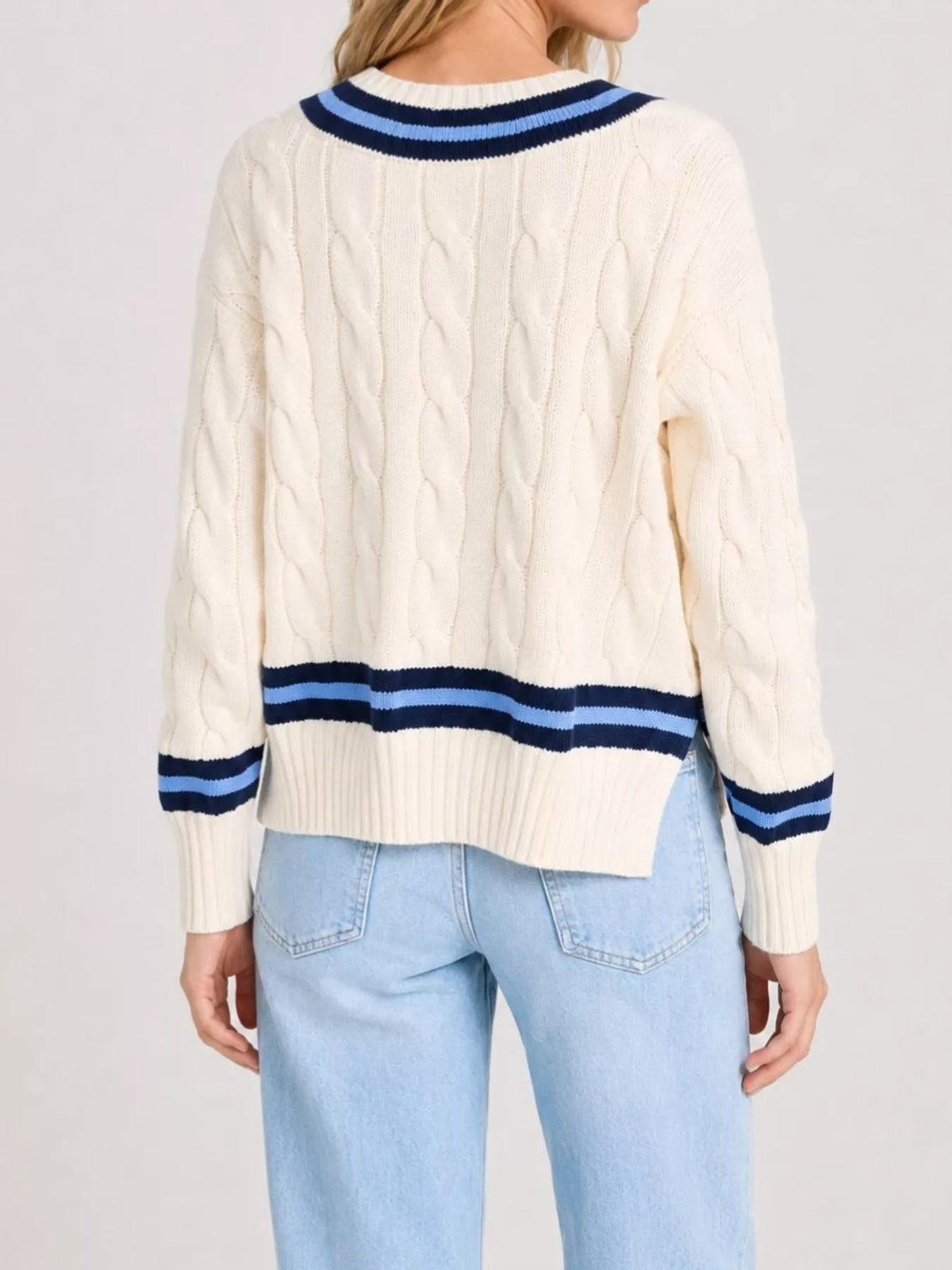 V-Neck Cable Knit Sweater with Contrast Striped Trim