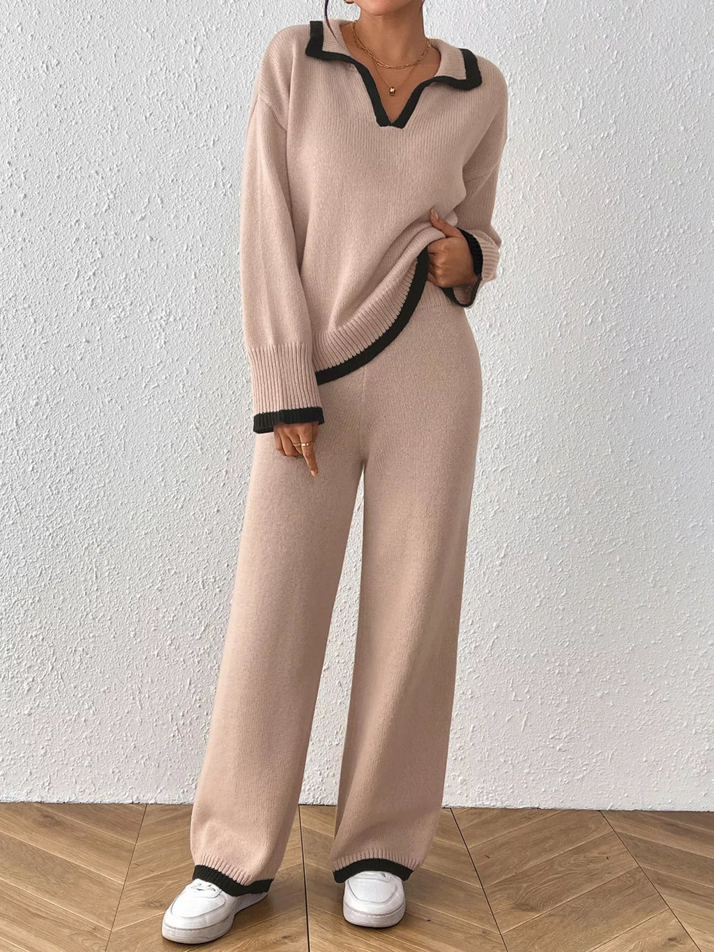 Contrast Trim Polo Collar Top and Pants Sweater Set