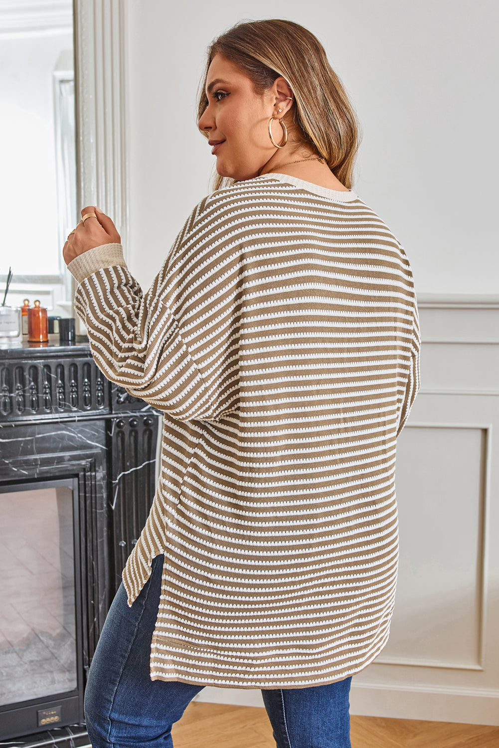 Plus Size Stripe Textured Dolman Sleeve Top