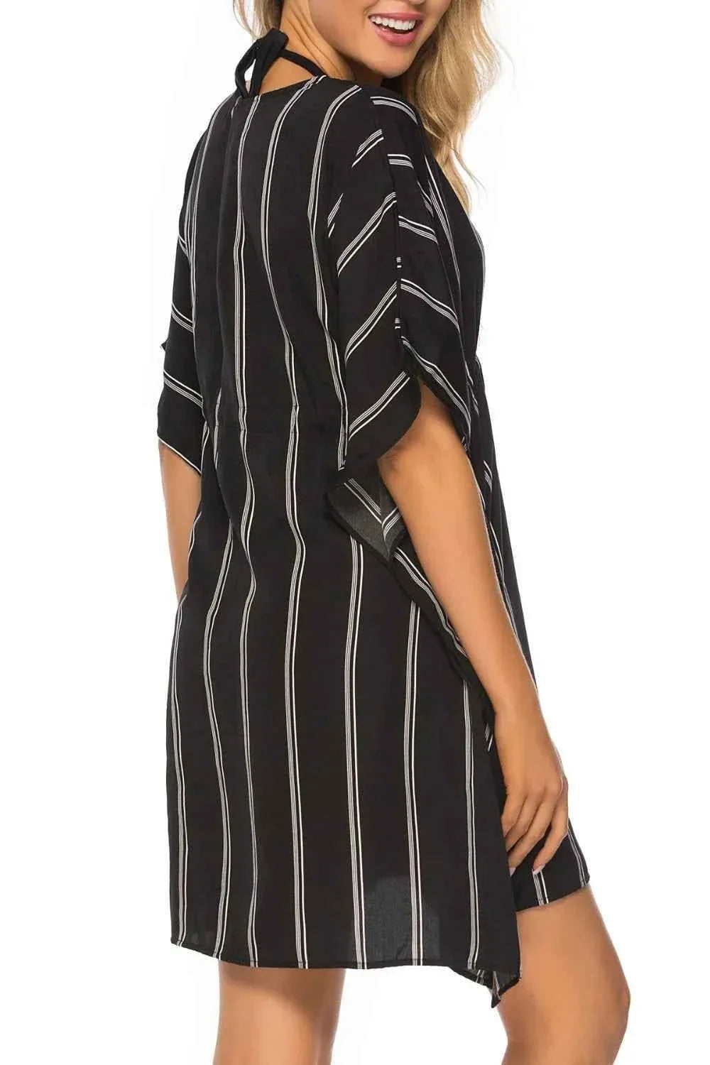Drawstring Striped V-Neck Short Sleeve Beach Cover-Up