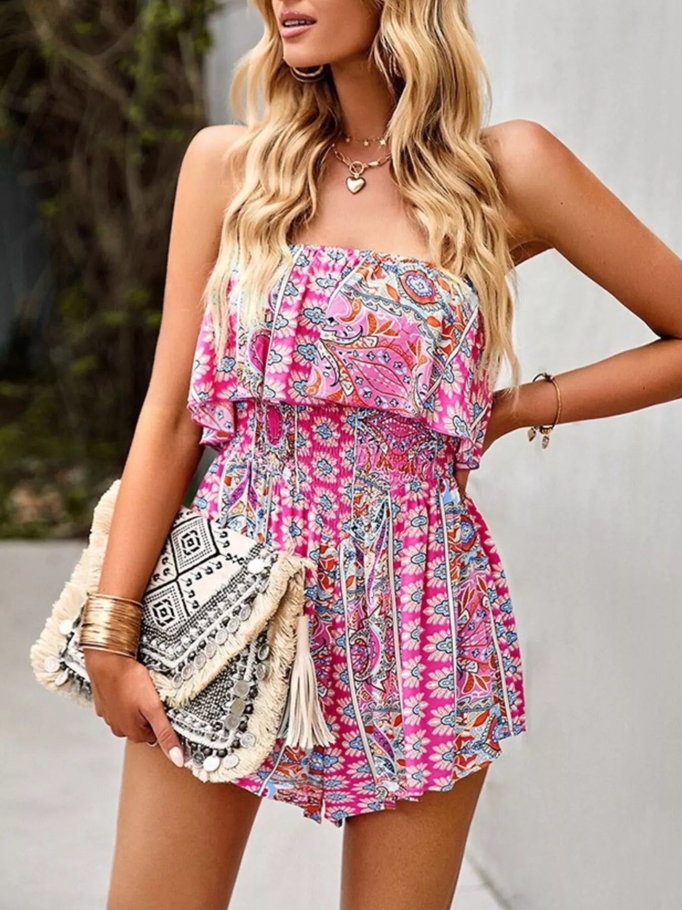 Printed Tube Smocked Waist Romper