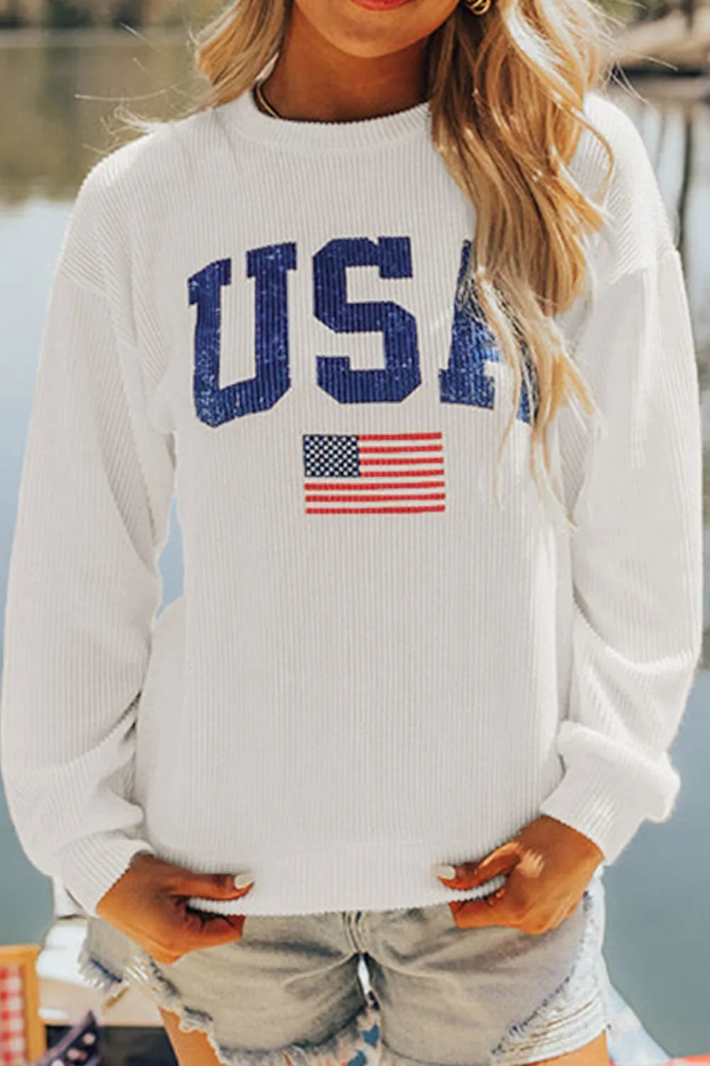 US Flag Corded Texture Long Sleeve Sweatshirt