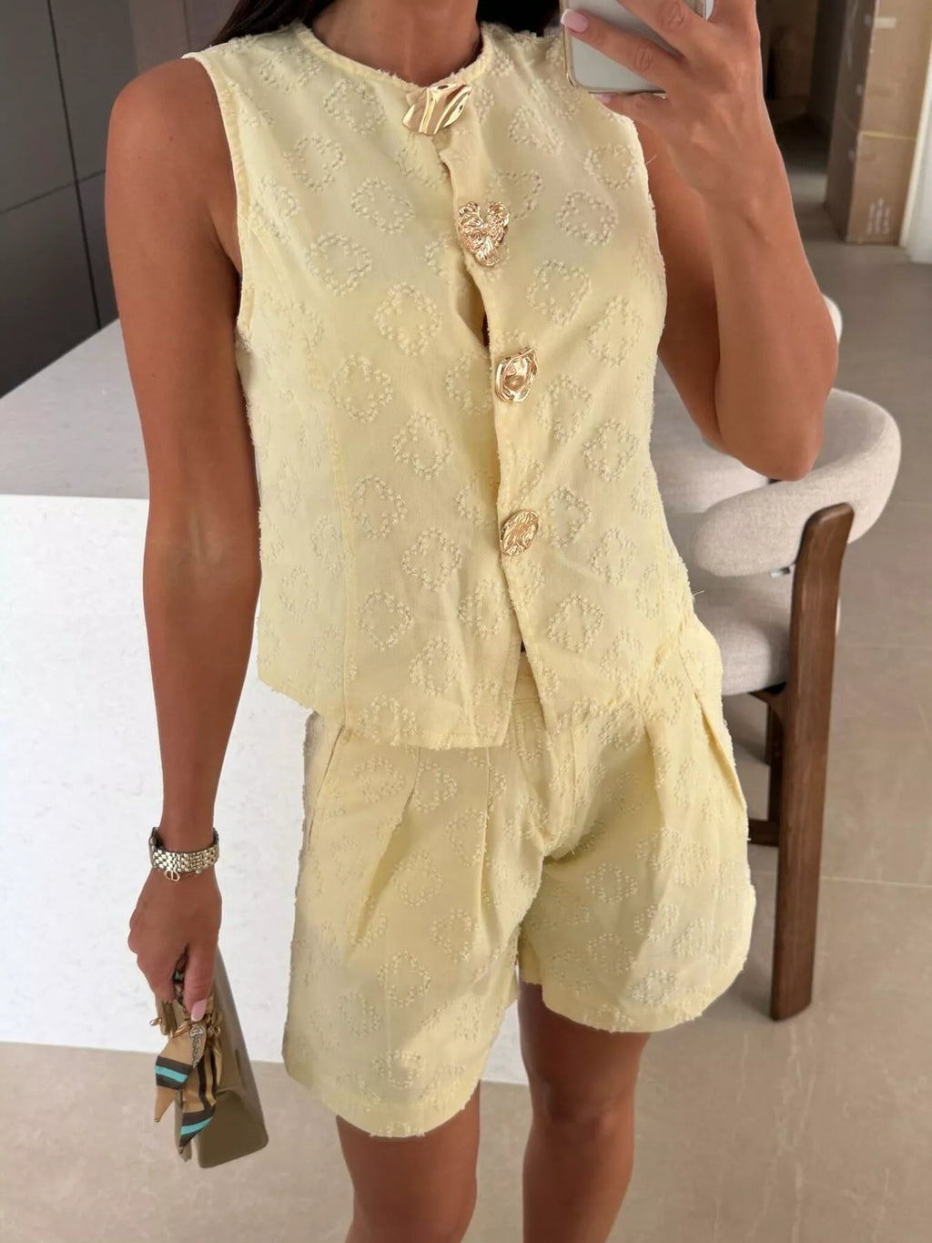 Embossed Vest and Shorts Denim Set with Gold-Tone Buttons