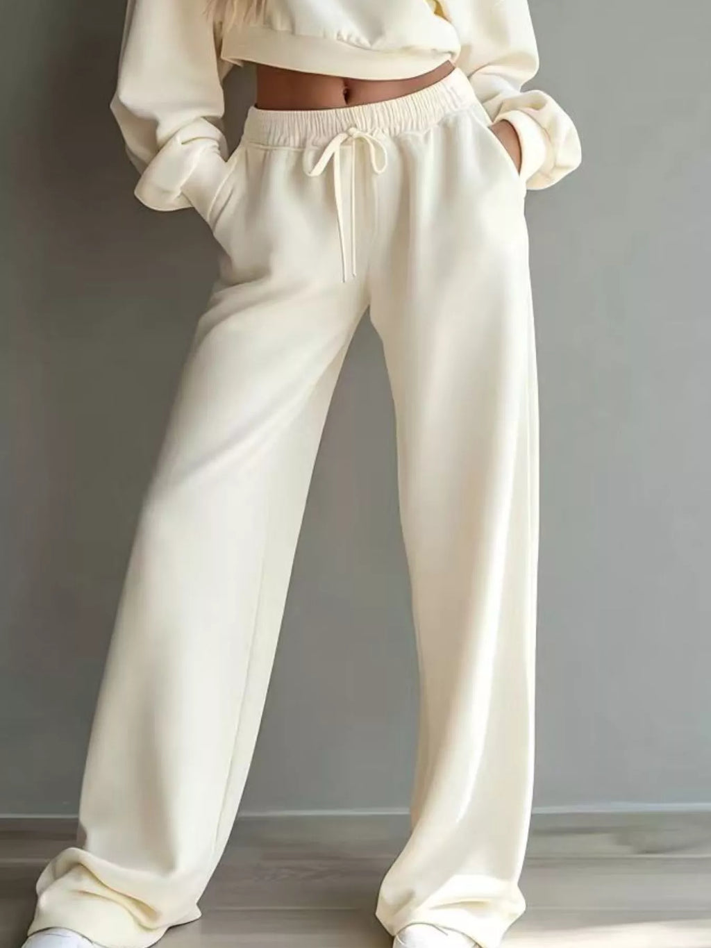 Round Neck Cropped Sweatshirt and Wide-Leg Pants