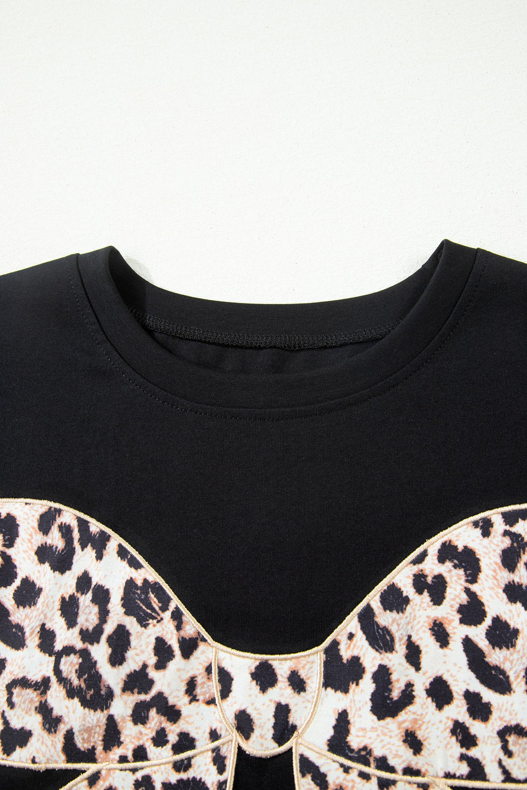 Black Leopard Bow Embroidered Cotton Round Neck T Shirt