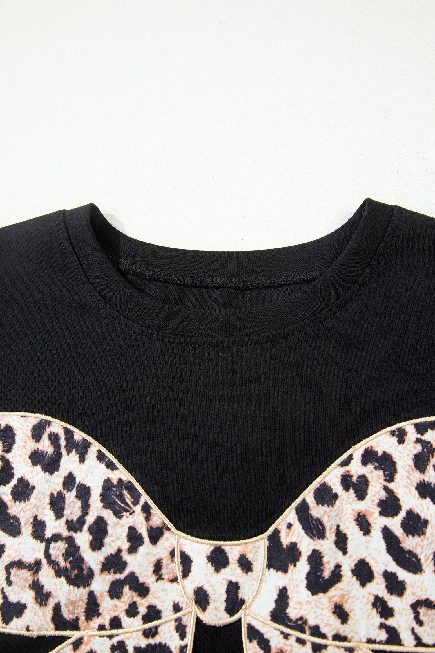 Black Leopard Bow Embroidered Cotton Round Neck T Shirt
