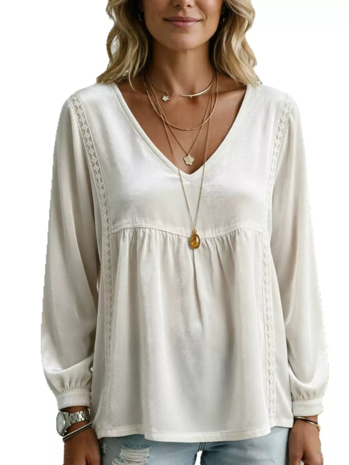 Full Size V-Neck Long Sleeve Velvet Blouse with Lace Trim Plus Size