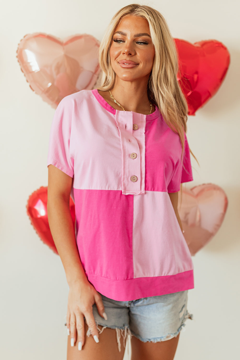 Colorblock Checker Half Button Henley T-Shirt